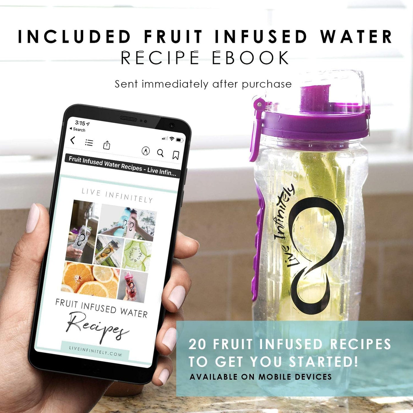 32Oz Fruit Infusing Water Bottle - Water Infuser Bottle & Insulating Sleeve & Recipe Ebook ? Industry?S First Full-Length Infusion Rod - Water Intake Tracker (Ocean)