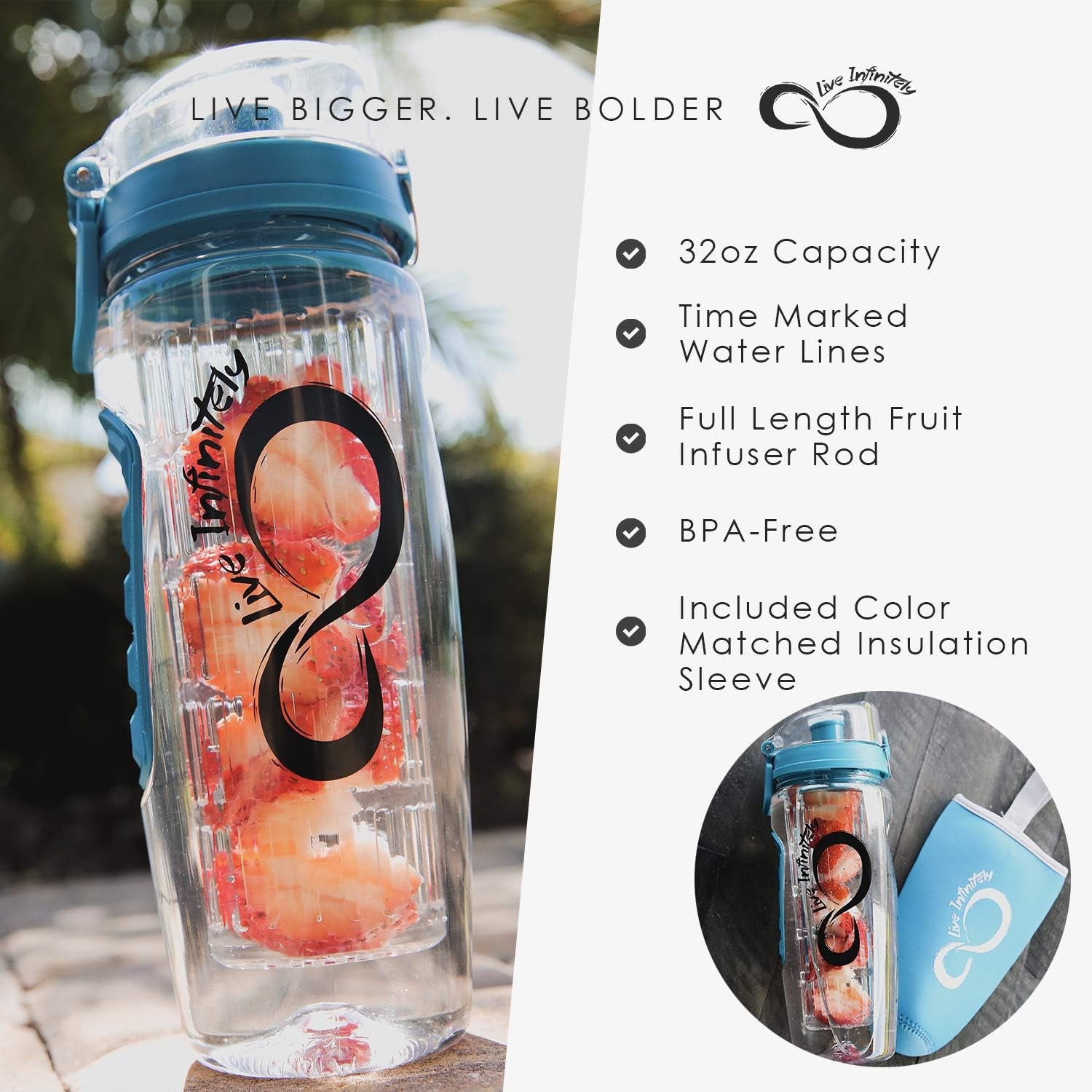 32Oz Fruit Infusing Water Bottle - Water Infuser Bottle & Insulating Sleeve & Recipe Ebook ? Industry?S First Full-Length Infusion Rod - Water Intake Tracker (Ocean)