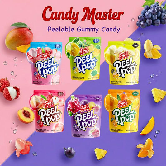 Candy Master Peel & Pop Peelable Gummy-6Fruity Flavors(Banana,Lychee,Grape,Peach,Mango,Pineapple)-Juicy& Chewyl Halal Certified |-Ldea for Kids & Snack Lovers & Valentine'S Day Gift