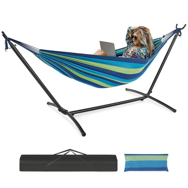 Double Hammock with Space Saving Steel Stand Heavy Duty 2 Person Standing Hammocks 450Lb Capacity for outside Garden Yard with Portable Carrying Bag