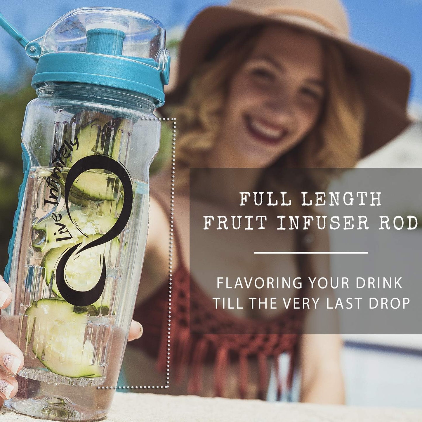 32Oz Fruit Infusing Water Bottle - Water Infuser Bottle & Insulating Sleeve & Recipe Ebook ? Industry?S First Full-Length Infusion Rod - Water Intake Tracker (Ocean)