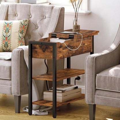 HOOBRO End Table with Charging Station, Narrow Side Table, Flip Top Nightstand with USB Ports and Outlets, Bedside Tables with Shelf for Small Spaces, Living Room, Rustic Brown