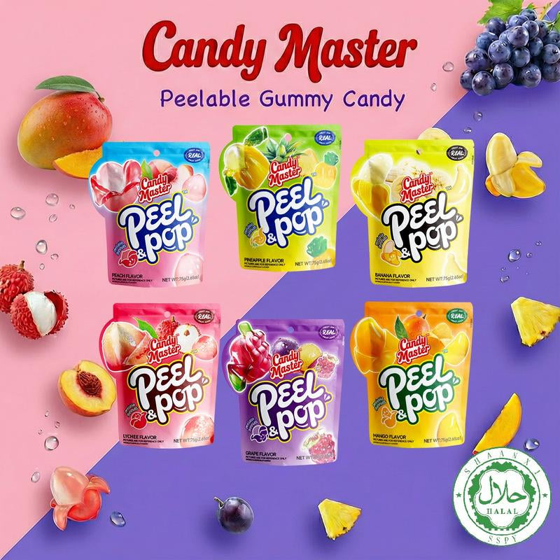 Candy Master Peel & Pop Peelable Gummy-6Fruity Flavors(Banana,Lychee,Grape,Peach,Mango,Pineapple)-Juicy& Chewyl Halal Certified |-Ldea for Kids & Snack Lovers & Valentine'S Day Gift