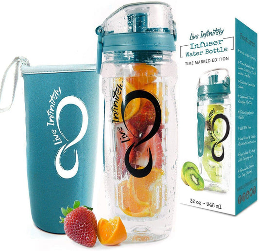 32Oz Fruit Infusing Water Bottle - Water Infuser Bottle & Insulating Sleeve & Recipe Ebook ? Industry?S First Full-Length Infusion Rod - Water Intake Tracker (Ocean)