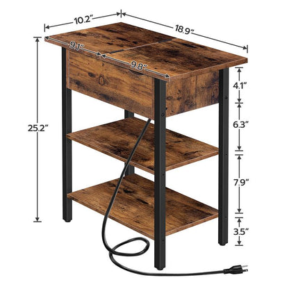 HOOBRO End Table with Charging Station, Narrow Side Table, Flip Top Nightstand with USB Ports and Outlets, Bedside Tables with Shelf for Small Spaces, Living Room, Rustic Brown