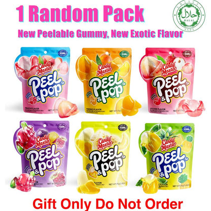Candy Master Peel & Pop Peelable Gummy-6Fruity Flavors(Banana,Lychee,Grape,Peach,Mango,Pineapple)-Juicy& Chewyl Halal Certified |-Ldea for Kids & Snack Lovers & Valentine'S Day Gift