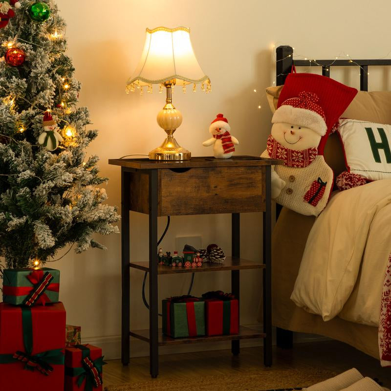 HOOBRO End Table with Charging Station, Narrow Side Table, Flip Top Nightstand with USB Ports and Outlets, Bedside Tables with Shelf for Small Spaces, Living Room, Rustic Brown